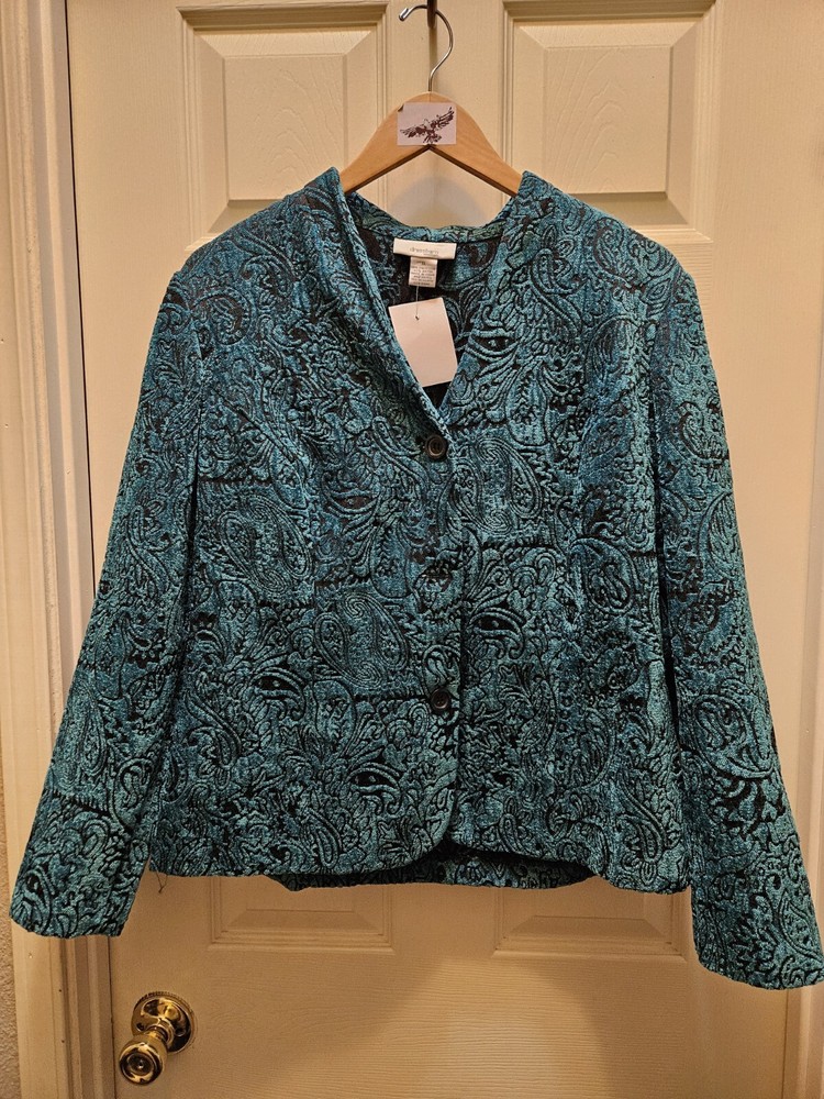 DRESSBARN  LINED TAPESTRY JACKET  BLUE GREEN BLACK PAISLEY 3 BUTTONS  SIZE 1x
