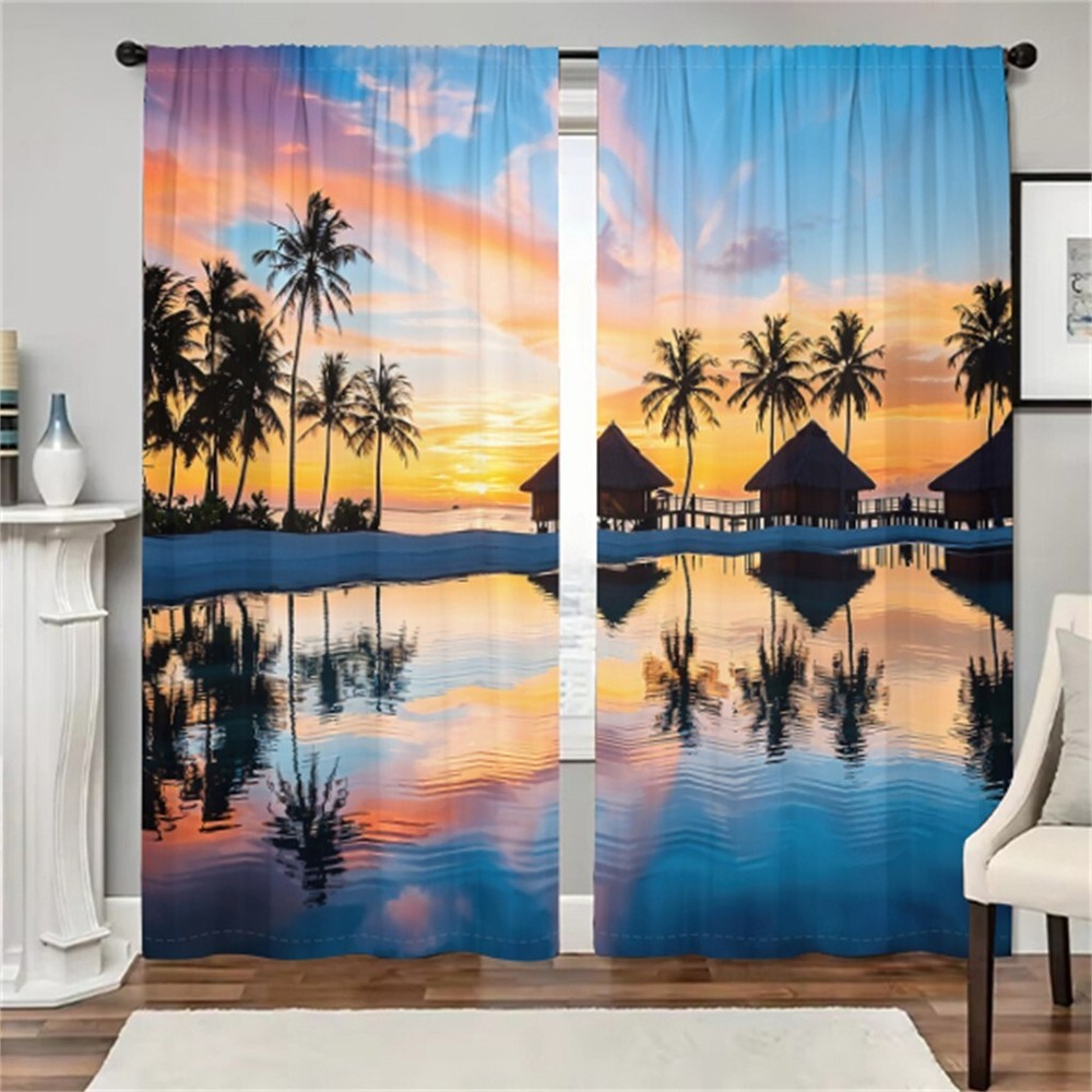2Pcs Sunset Beach Palm Tree Curtains Ocean View Drapes for Bedroom Living Room