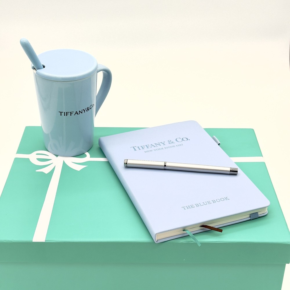 Tiffany & Co Luxury Tea Cup Set with Journal, Pen, Glass Lid & Spoon Gift Set