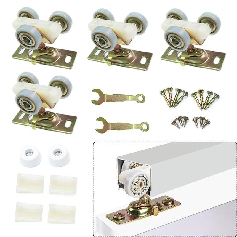 4pcs Sliding Pocket Door Wheels Replacement Top Hanger Rollers Assembly Fit J...