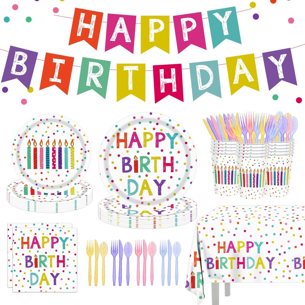 142pcs Happy Birthday Party Supplies Set with Colorful Polka Dots Design- Inc...