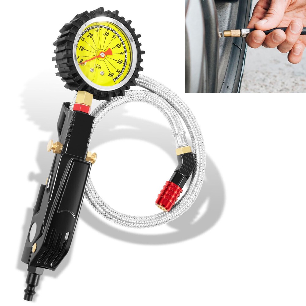 Tire Inflator Kit with Pressure Gauge Lock On Air Chuck Long Hose for Cars SUVs