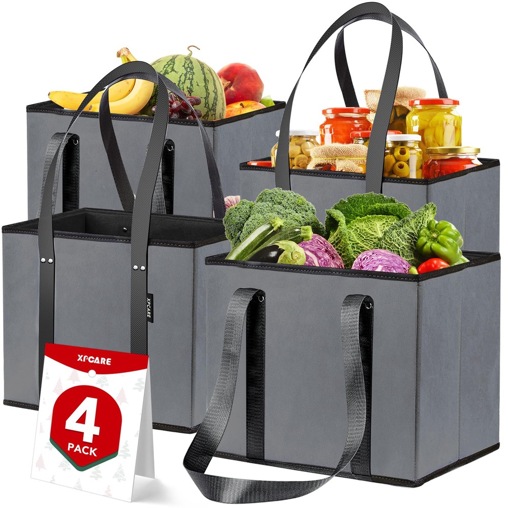 4 Pack Heavy Duty Reusable Grocery Bags with Box Shape for Shopping