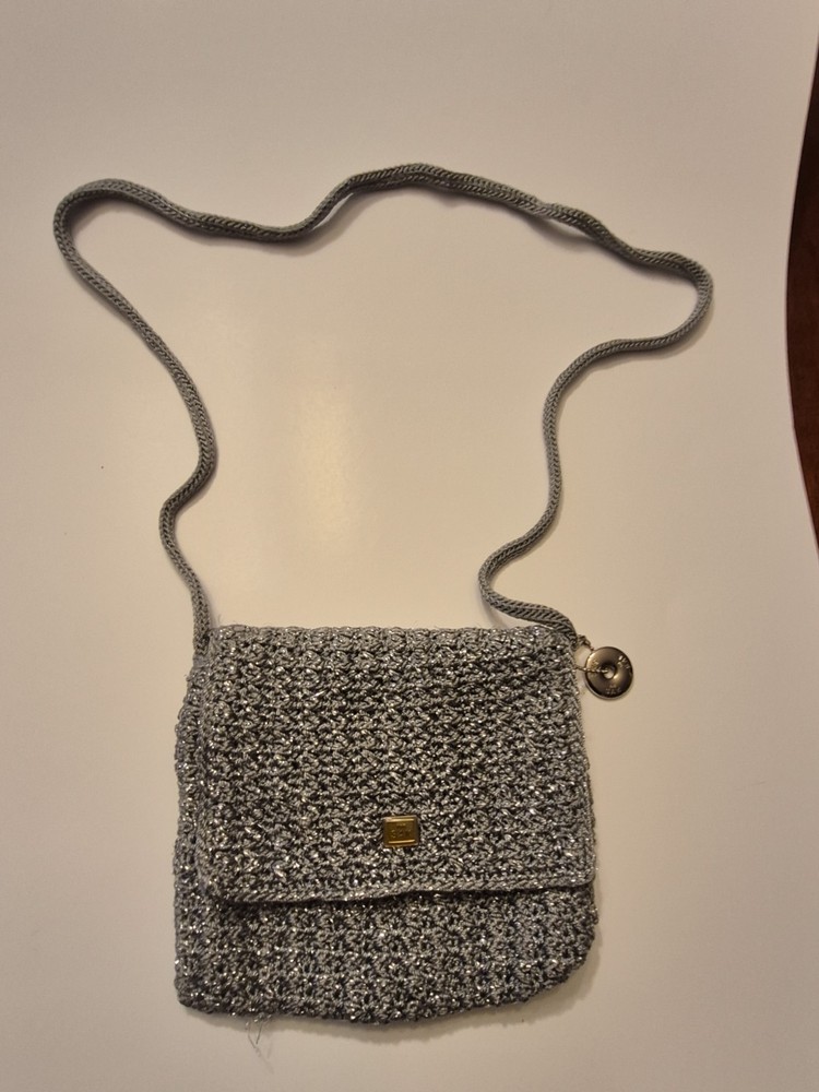 The Sak Small Cross Body Bag Woven Crochet Knit, Silver Metalic.