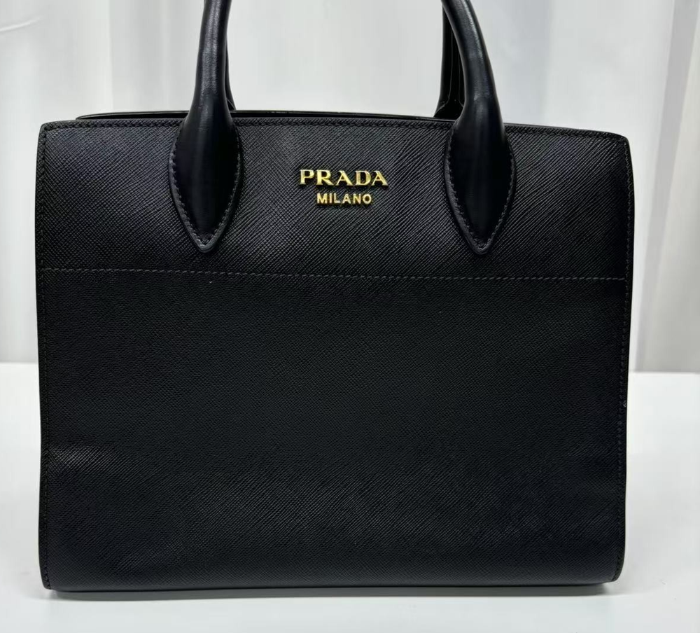 PRADA Saffiano Leather Black Gold Shoulder Handbag Luxury Designer Tote