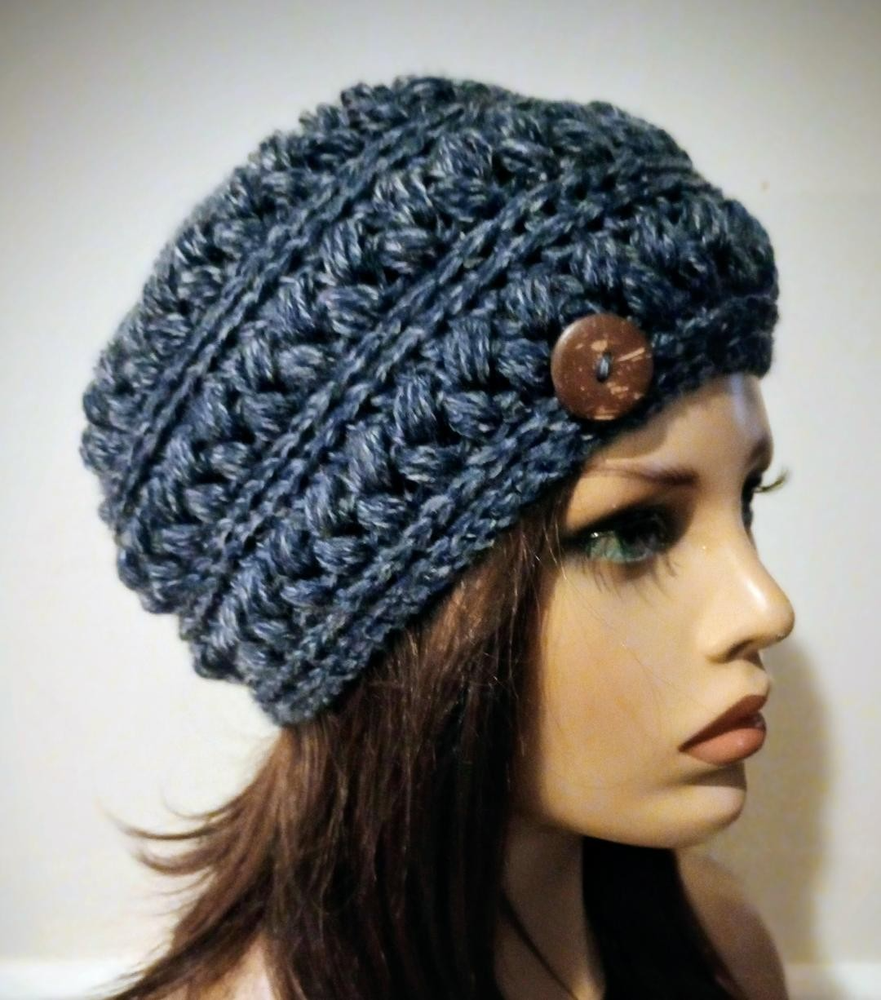 handmade crochet womans button hat beanie denim blue heather puffs USA made