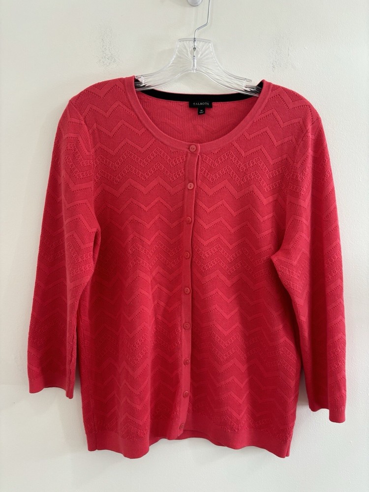 Talbots Womens Pink Rose Cotton Textured 3/4 Sleeve Button Front Sweater Size Medium