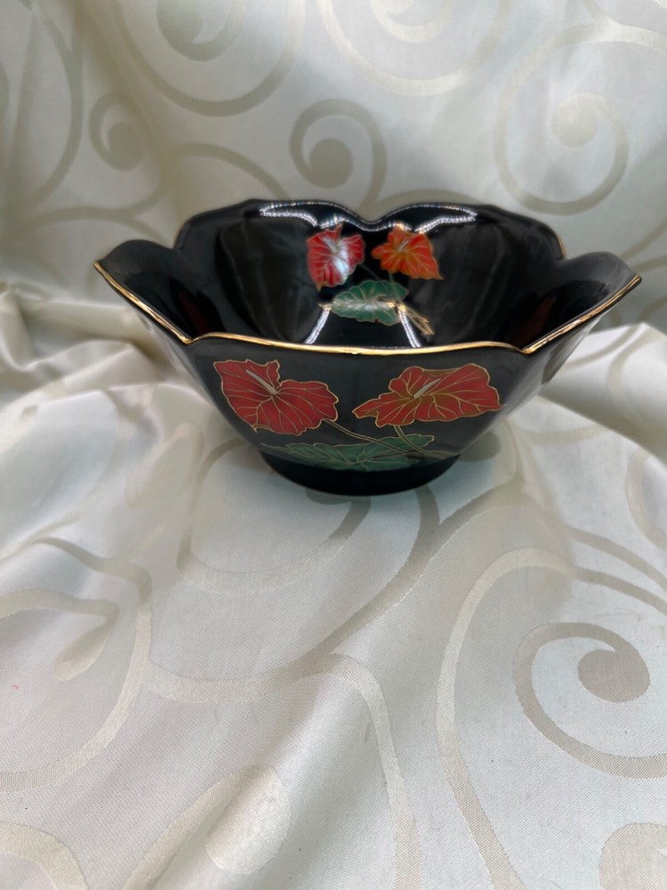 Vintage Black Floral Anthurium Bowl MCM