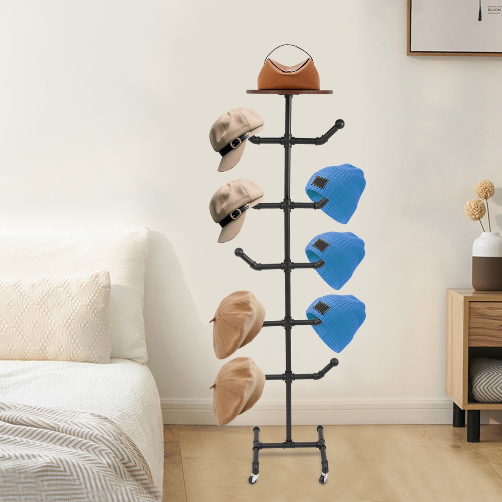Free-standing black hat rack with 10 hooks for coats and hats  