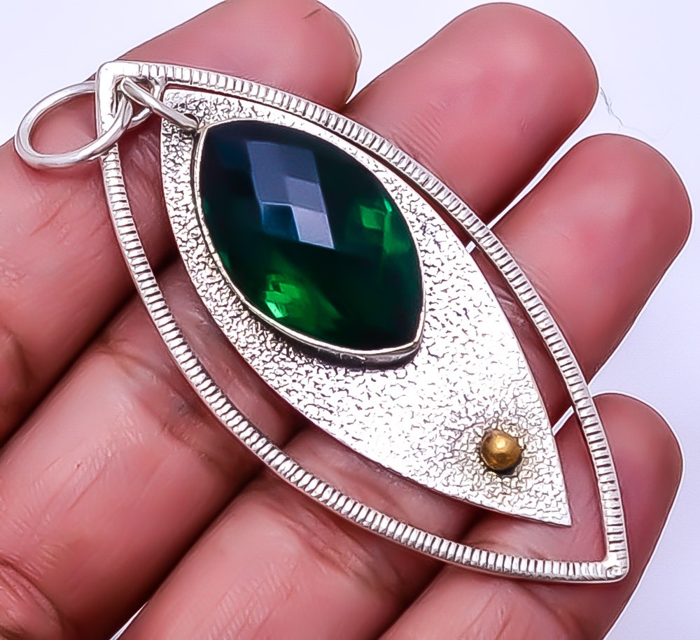 Emerald Simulated 925 Sterling Silver Handmade Pendant 2.73 Inch