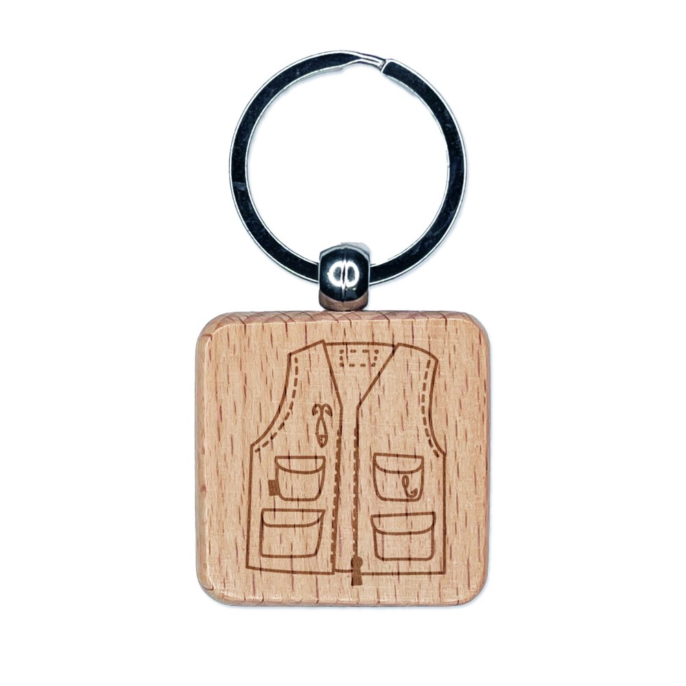 Engraved Wood Fishing Vest Keychain Charm with Doodle Design