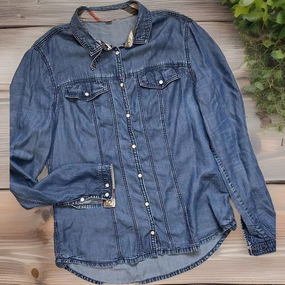 Burberry Brit Women Blue Jeans Shirt Blouse Long Sleeves Size M