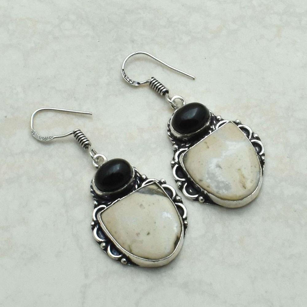 Jasper Black Onyx Gemstone Handmade Drop Dangle Earrings Jewelry 1.76