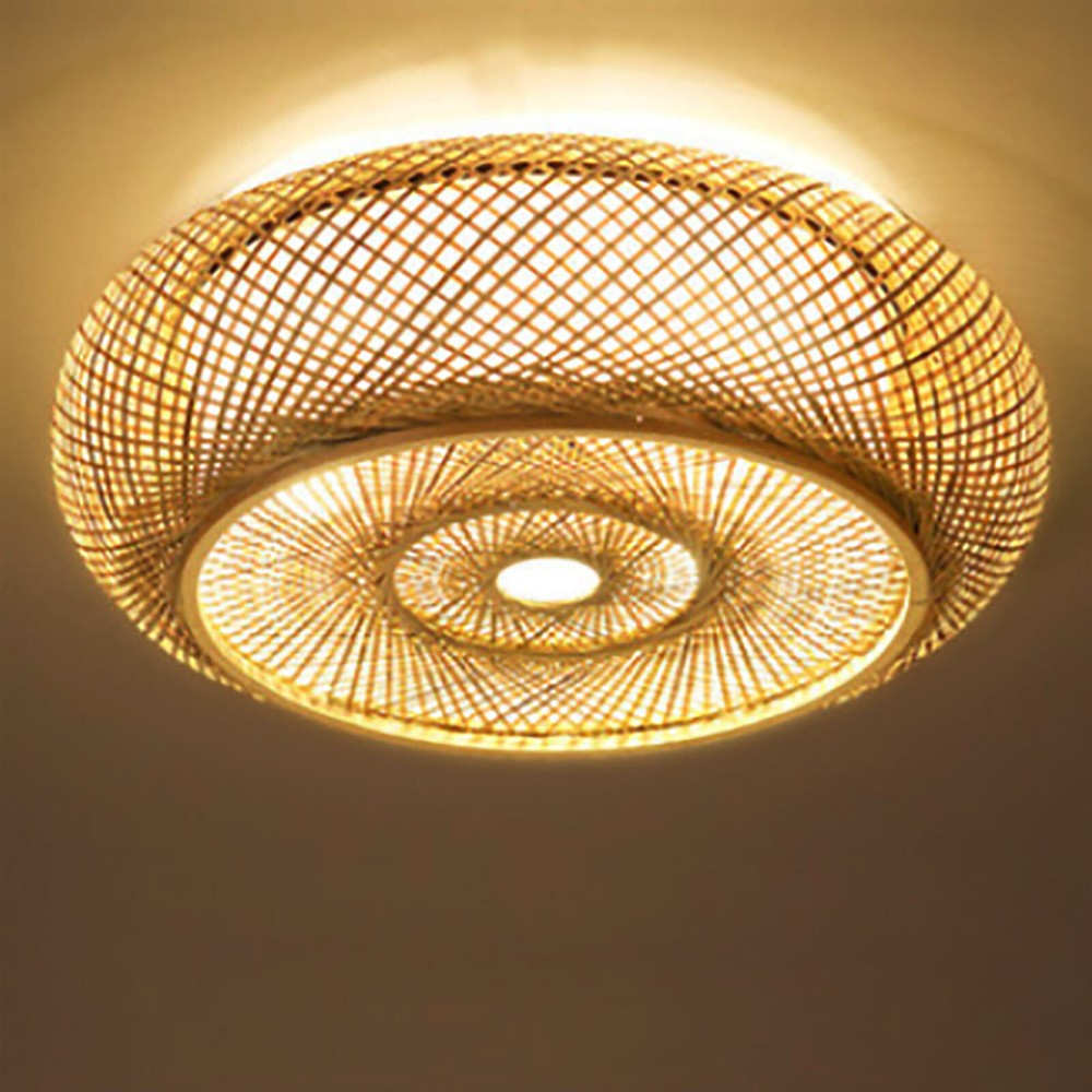 Rustic Bamboo Ceiling Light Art Pendant Lamp Drum Shape Wicker Rattan Fixture US