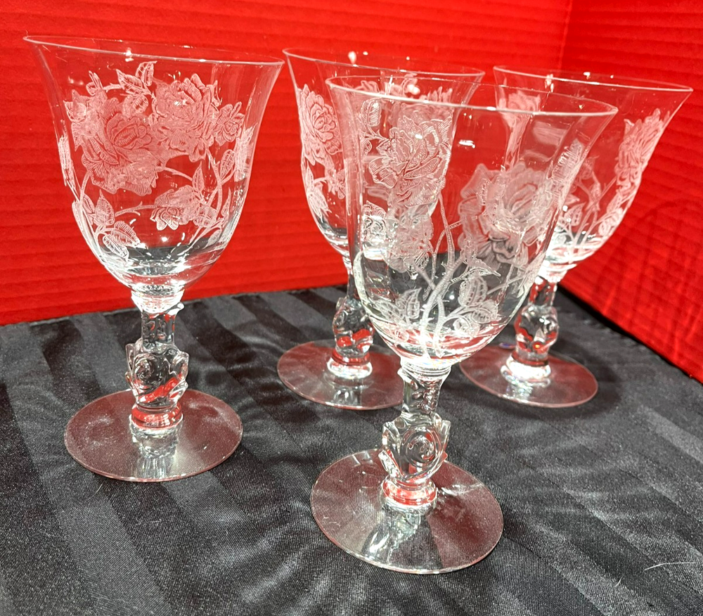 Heisey Rose Etched wine Glasses set of 4 Mid-century modern