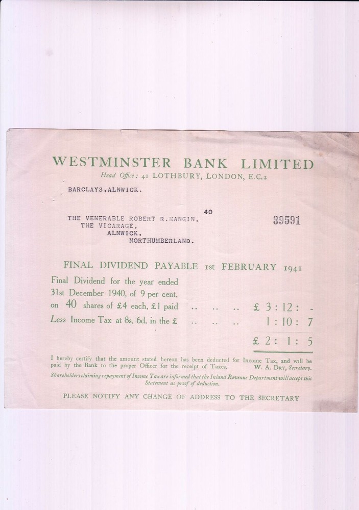 WESTMINSTER BANK LIMITED, Lothbury, London 1941 Final Dividend Voucher Ref 48122