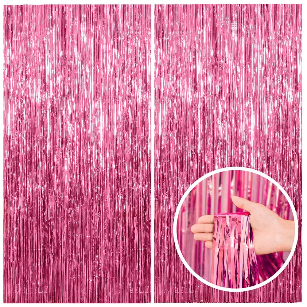 2 Pack Pink Backdrop Party Decorations Tinsel Curtain Party Backdrop Foil Fri...