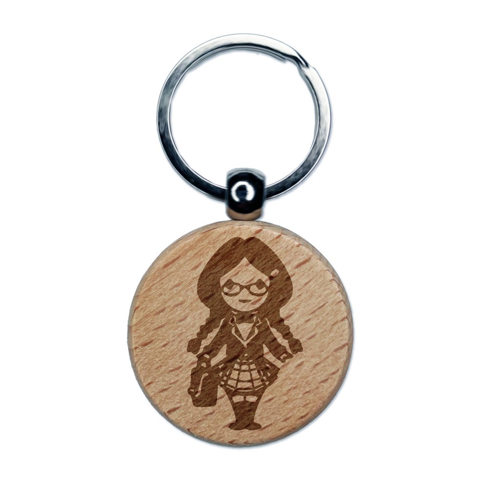 Cute Schoolgirl Pigtails Engraved Wooden Keychain Charm Tag