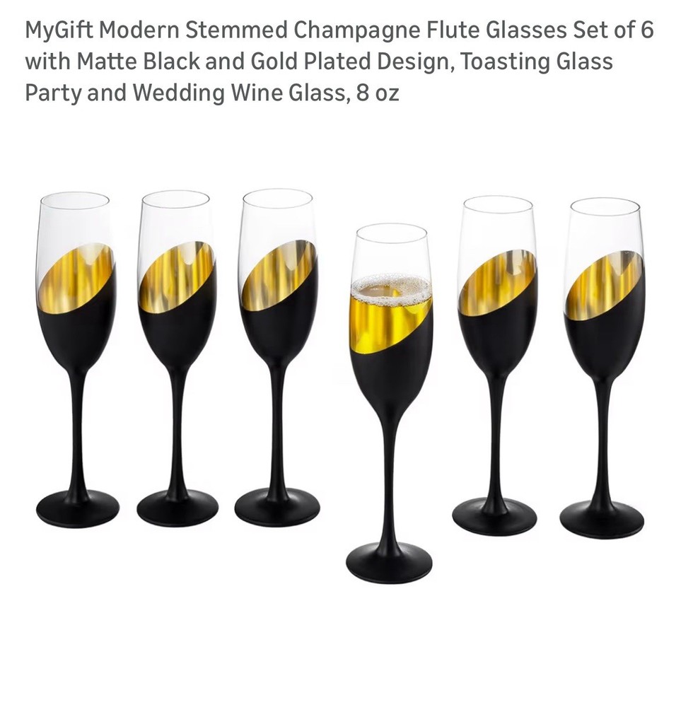 My Gift champagne flutes black and gold slant Color  Set Of 6 NIB Toasting Glass