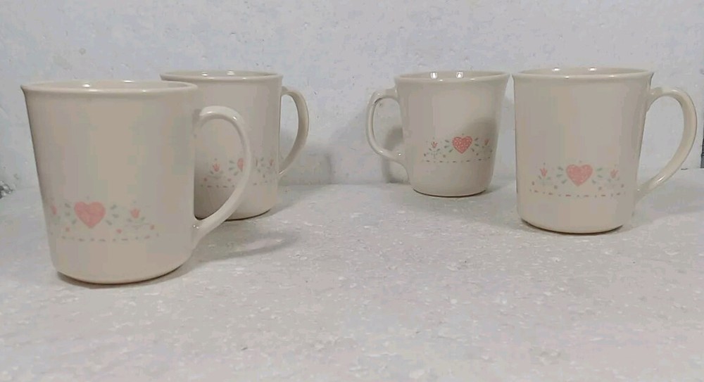SET OF 4 CORNING CORELLE  FOREVER YOURS PINK HEART COFFEE CUPS MUGS