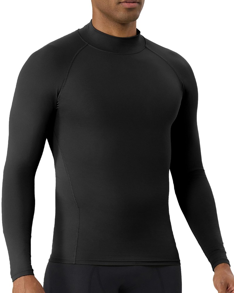Black Mens Compression Shirt Long Sleeve Turtleneck Athletic Base Layer Moist...