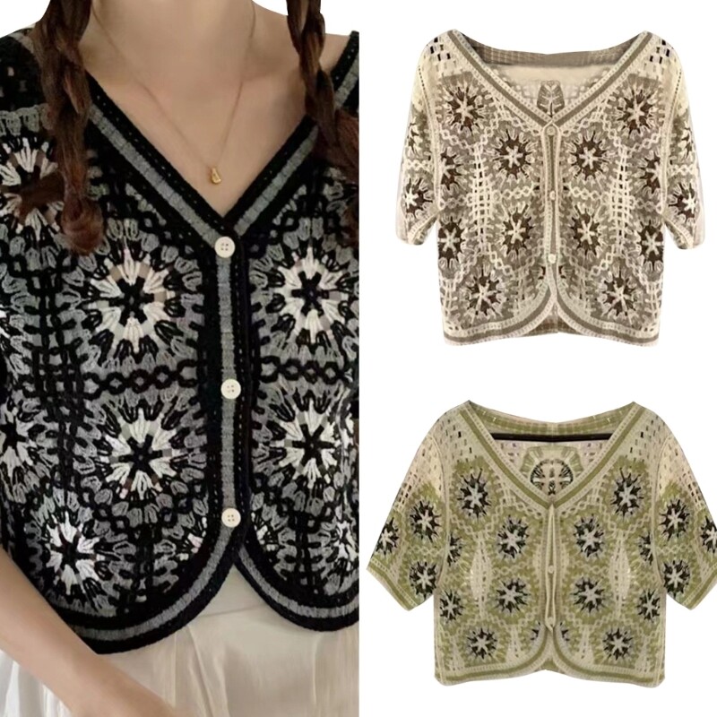 Hollow-Knitted Floral Summer Crop Top Cardigan for Women