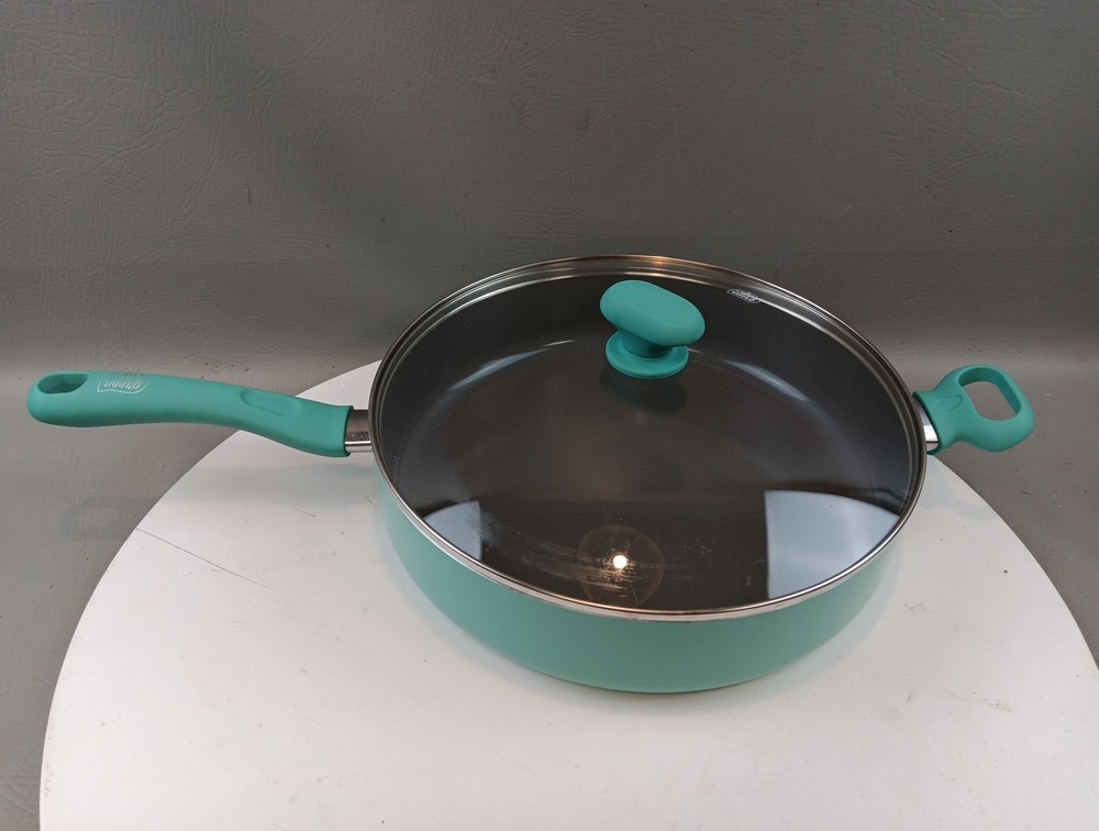 GreenLife Healthy Nonstick Turquoise Skillet 12 Inch with Lid Soft Grip EUC