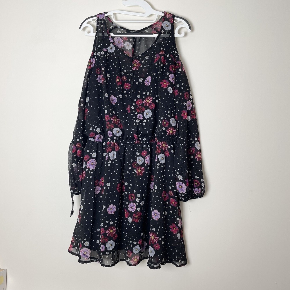 Papaya Black Bohemian Floral Chiffon Lined Flared Dress UK 16