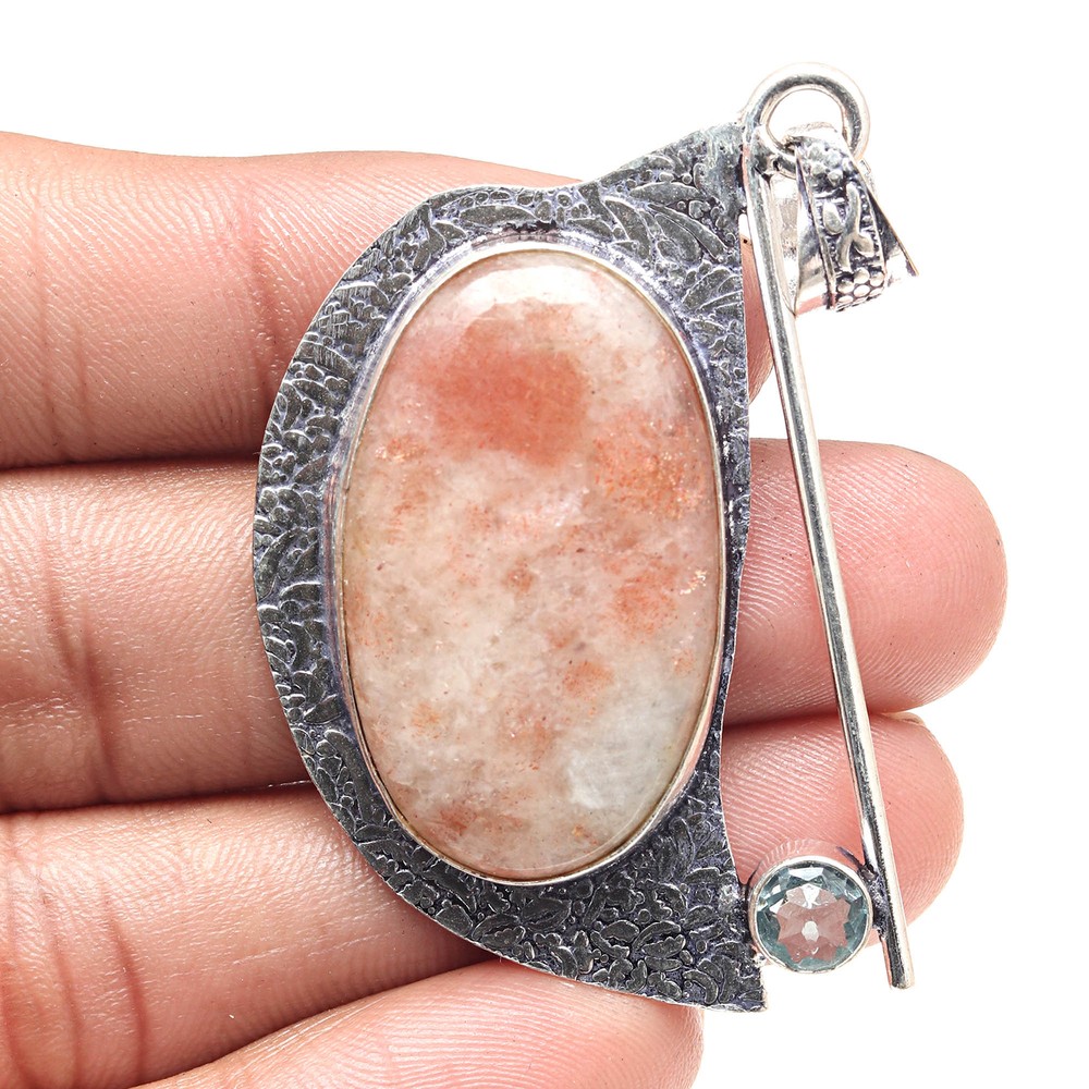 Sunstone Pendant Silver Ethnic Valentine's Day Jewelry 2 Inch