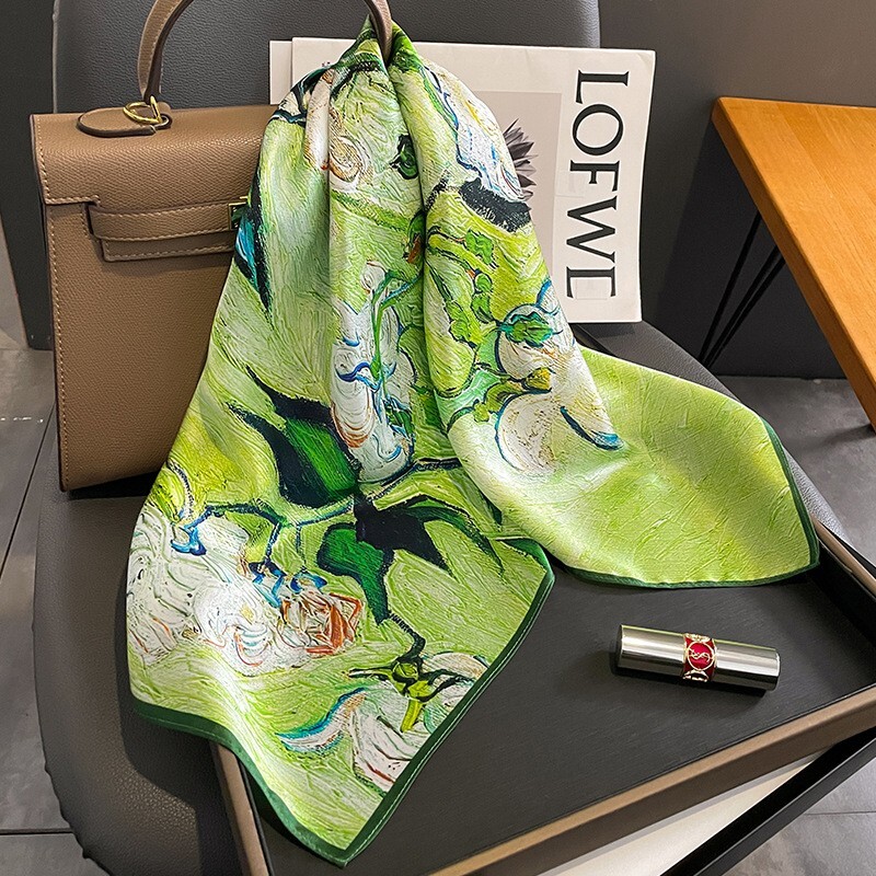 100% Silk Scarf Women Green Floral Square Bandana 65x65cm