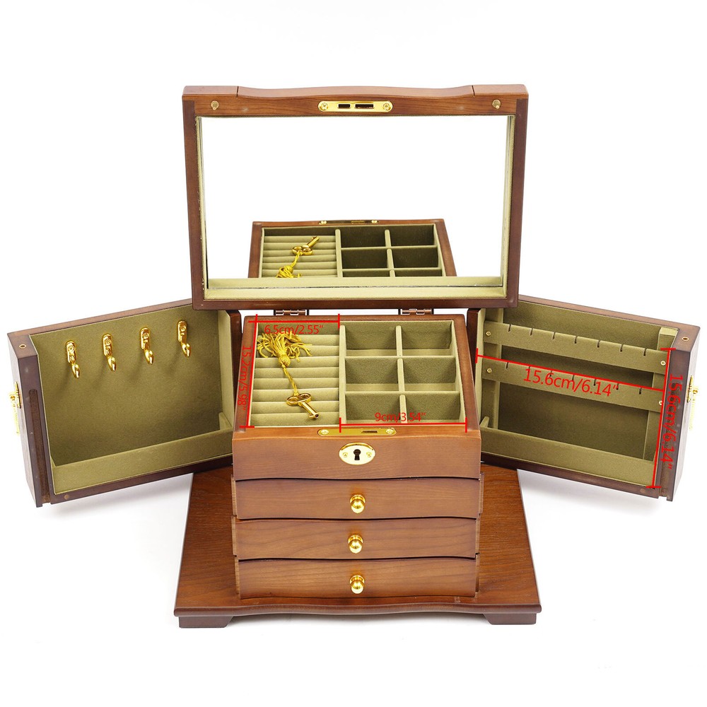 Antique Large Wooden Jewelry Organizer Box Necklace Watches Rings Storage Case