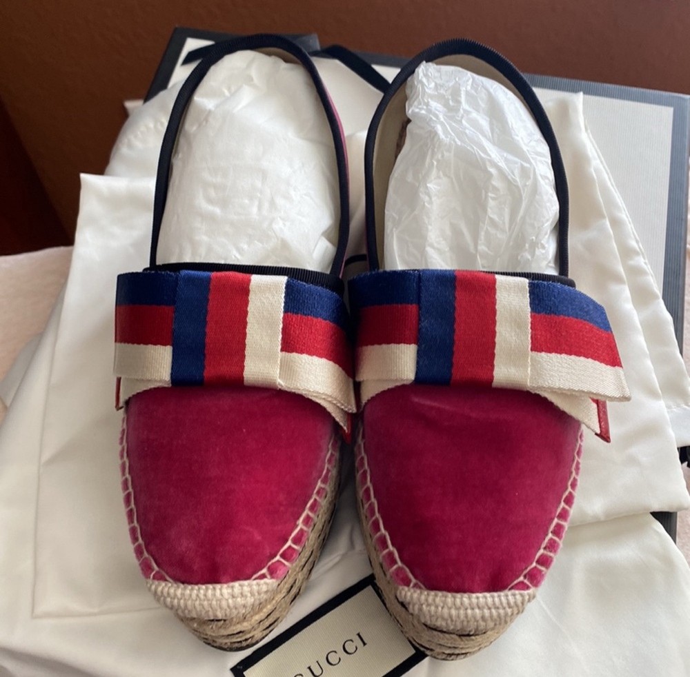 Gucci 36.5 Velvet Wedge Platform Espadrilles with Bow