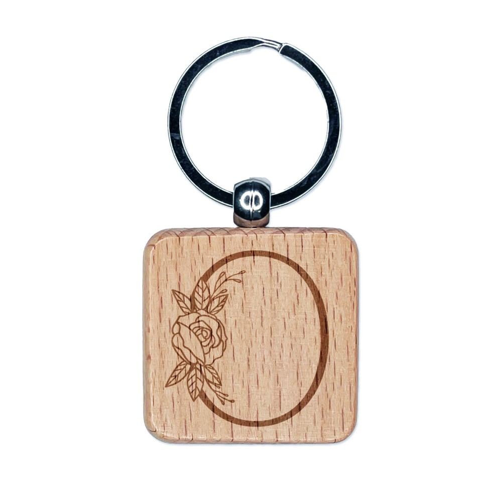 Rose Typewriter Font Capital Letter O Engraved Wood Square Keychain Tag Charm