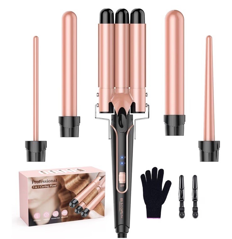 5 in 1 Curling Wand Set Dual Voltage Curling Iron Set with 5 Interchang