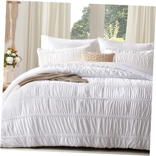 Size Comforter Sets 7 Piece, Boho Bed in a Bag Set, Lightweight King White