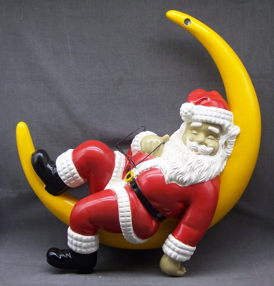 Vintage Christmas Barcana Fiberglass Santa Claus Sleeping on Moon Decoration