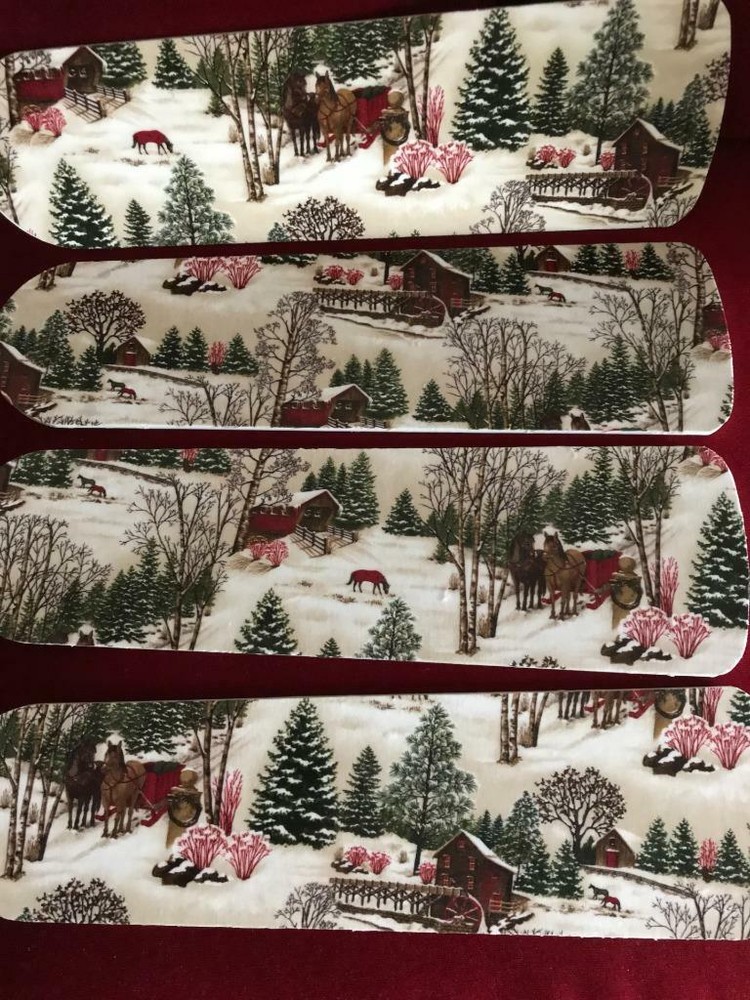 Custom Winter Woods Ceiling Fan Blades with Horse Sleigh Holly Design-image