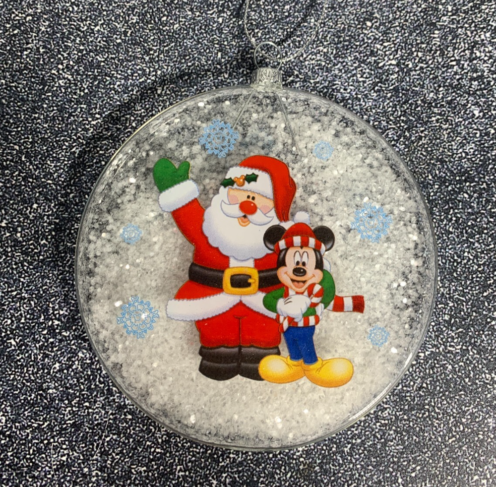 Disney Mickey Mouse and Santa Flat Snow Globe Christmas Ornament