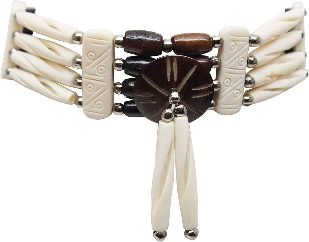 American Indian Style Bone Choker Necklace, 4 Row Two-Tone Carved Traditional Ha