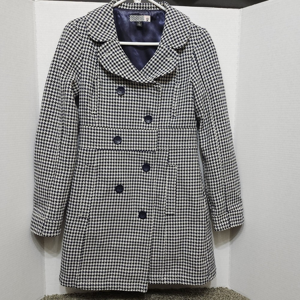 READ VOLCOM Houndstooth Pea Coat Women's Size Medium Black White Navy Blue