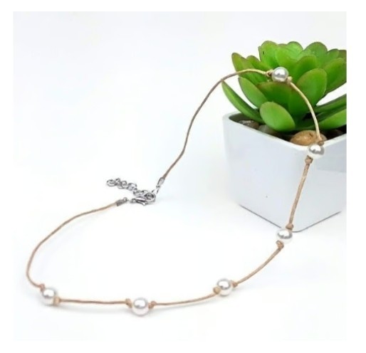 Faux Pearl Beige Cord Choker Necklace Handmade Boho Elegant