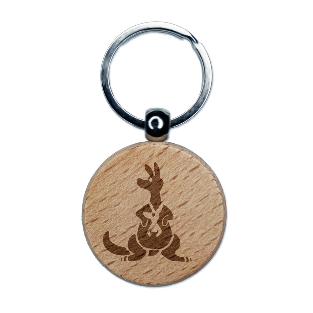 Kangaroo Mom & Baby Joey Wooden Keychain with Pouch Design  