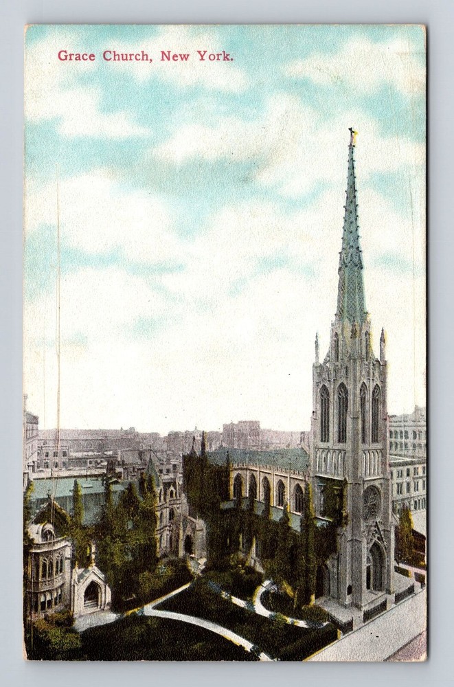 New York City, Scenic View Grace Church, Antique Souvenir Vintage Postcard