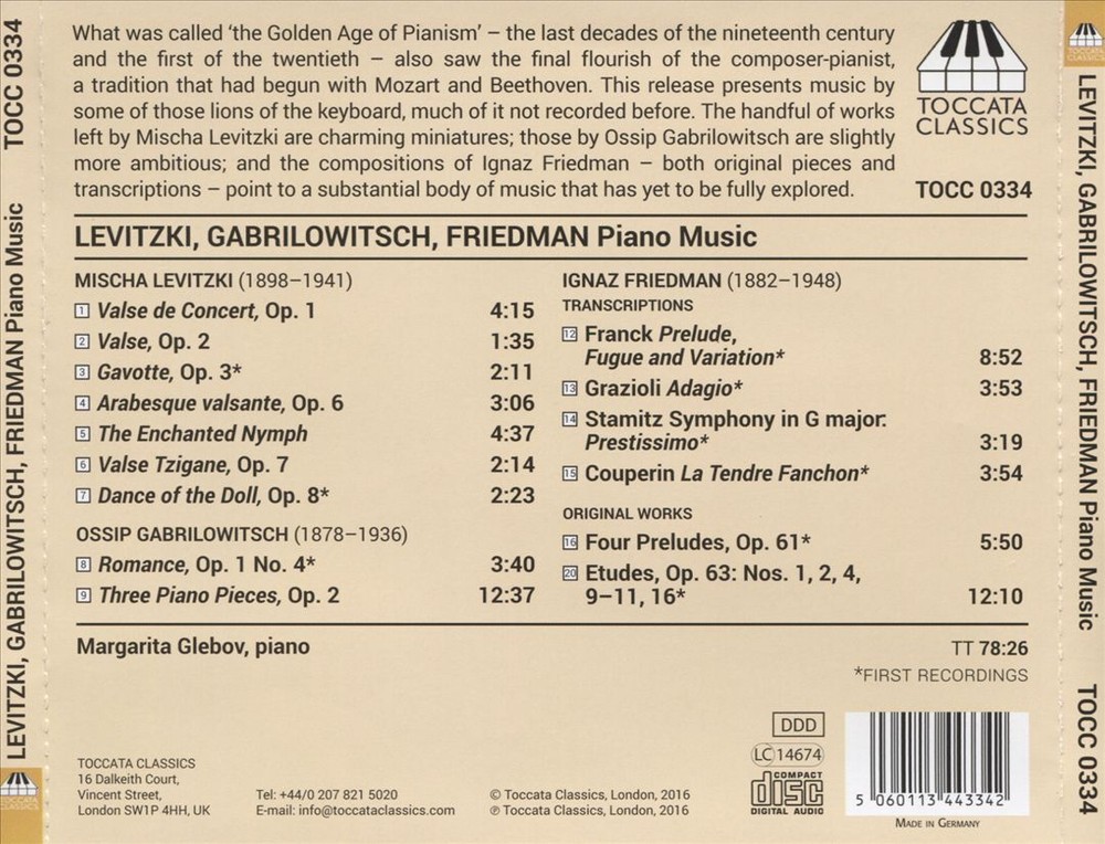 Gabrilowitsch Levitzki Friedman Original Works Ossip Glebov Margarita CD 2016