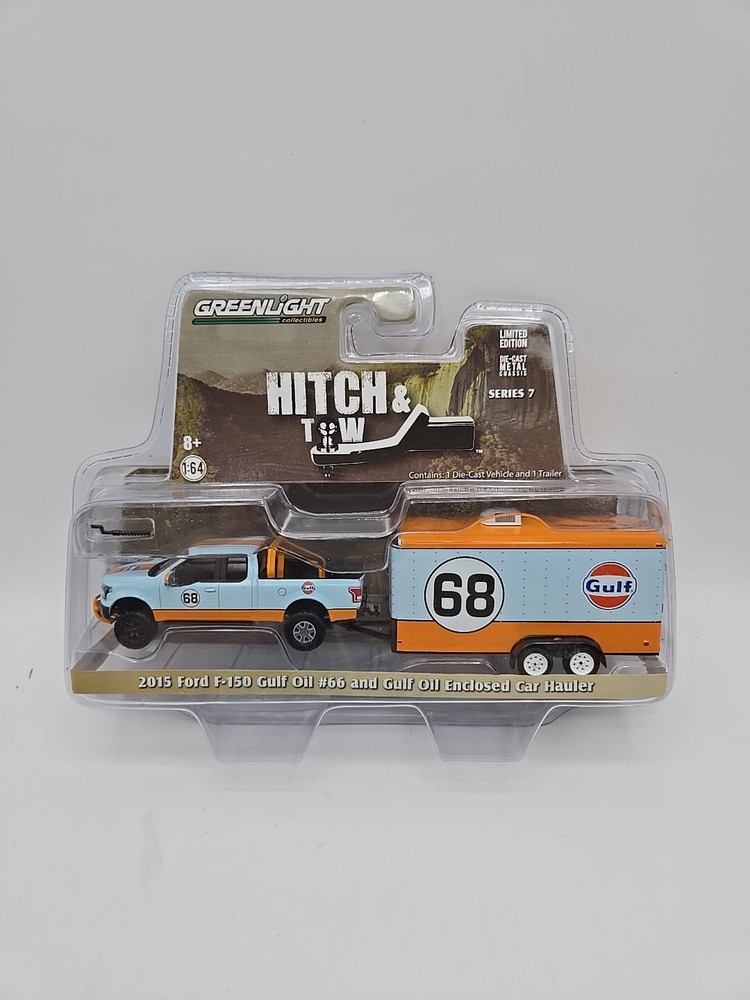 2015 Ford F150 Gulf Oil #66 Green Machine 1/64 Greenlight Hitch & Tow Trailer