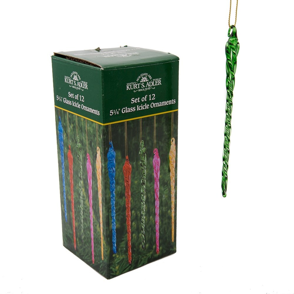 12 Piece Multicolored Glass Icicle Ornament Set 5.25 Inch Holiday Decor