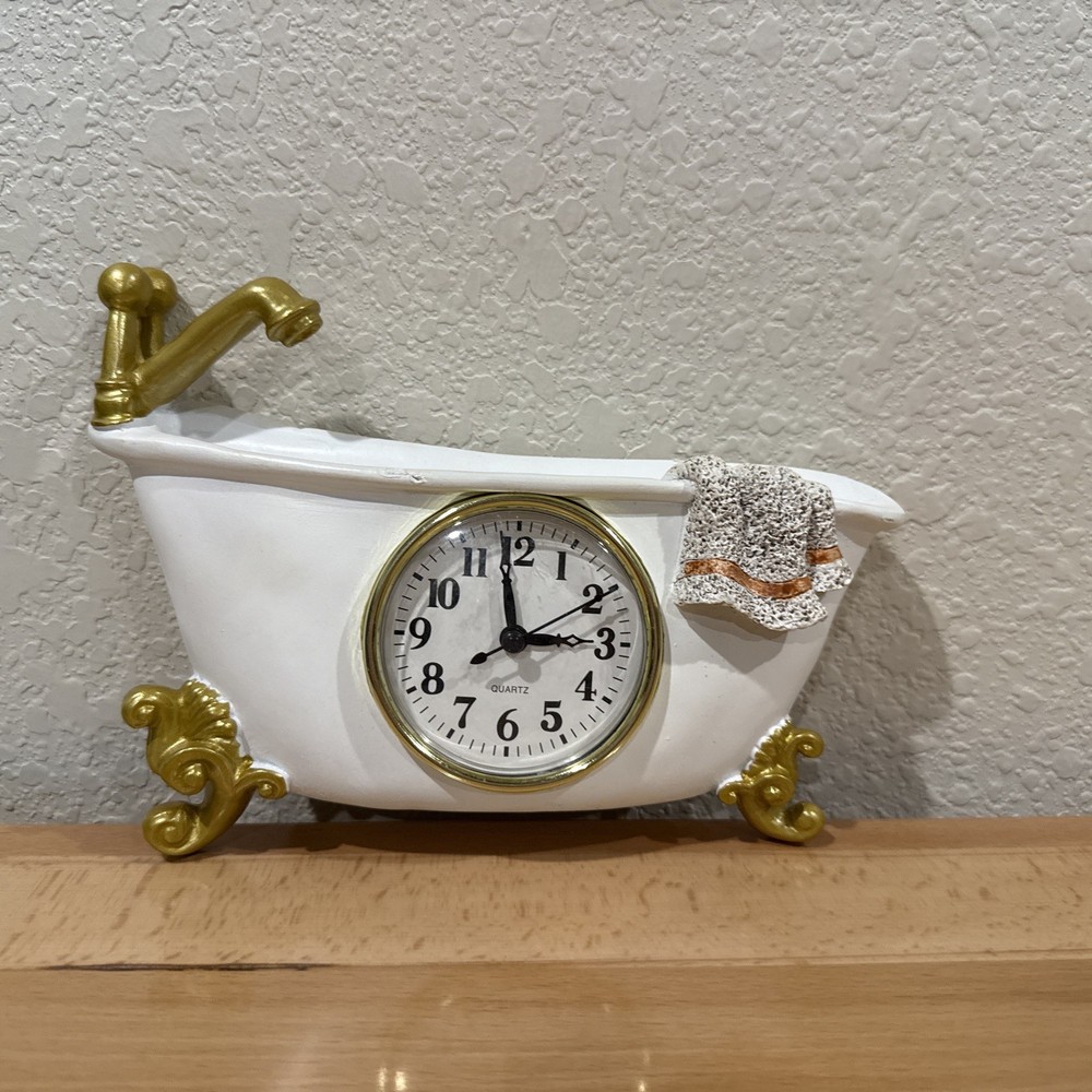 Vintage Claw Foot Bathtub Wall Clock in White & Gold with Battery Power