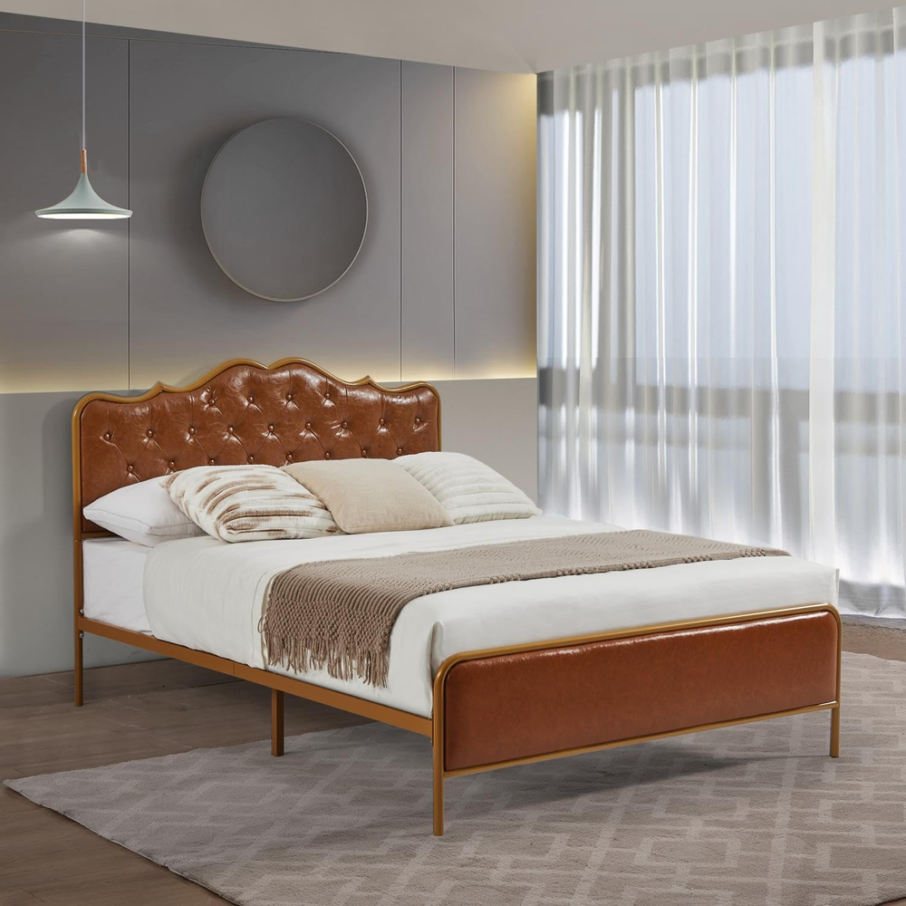 Full Size Classic Buckle Backrest Metal Platform Bed Frame with Sturdy Foundation-image