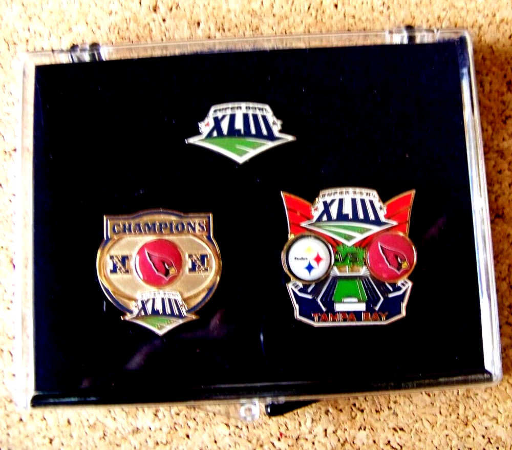 2009 Super Bowl 43 Cardinals 3 - pin set v2 vs Steelers lapel SB NFL
