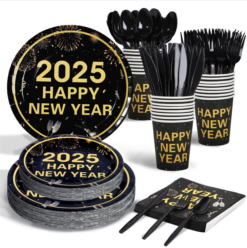 175pcs New Years Eve Party Supplies Happy New Year Decorations 2025 Black Gol...-image